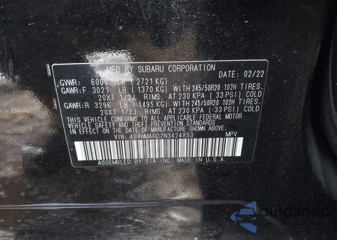 2022 Subaru Ascent Touring из США, поврежденный, VIN 4S4WMARD7N3424853